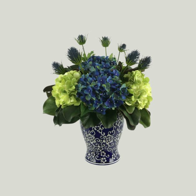 Hydrangea and Thistle Arrangement in a Decorative Ceramic Pot
