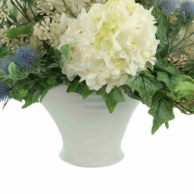 Cone Hydrangea Floral Arrangement with Thistle and Ivy in Ceramic Vase - Image 5