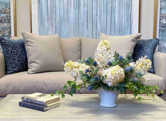 Cone Hydrangea Floral Arrangement with Thistle and Ivy in Ceramic Vase - Image 2