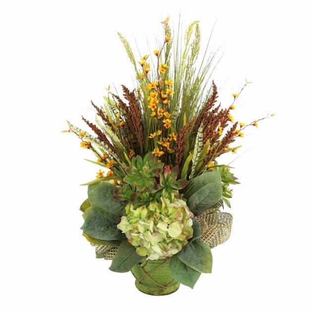 Fall Hydrangea, Grass and Succulent Arrangement in a Ceramic Vase