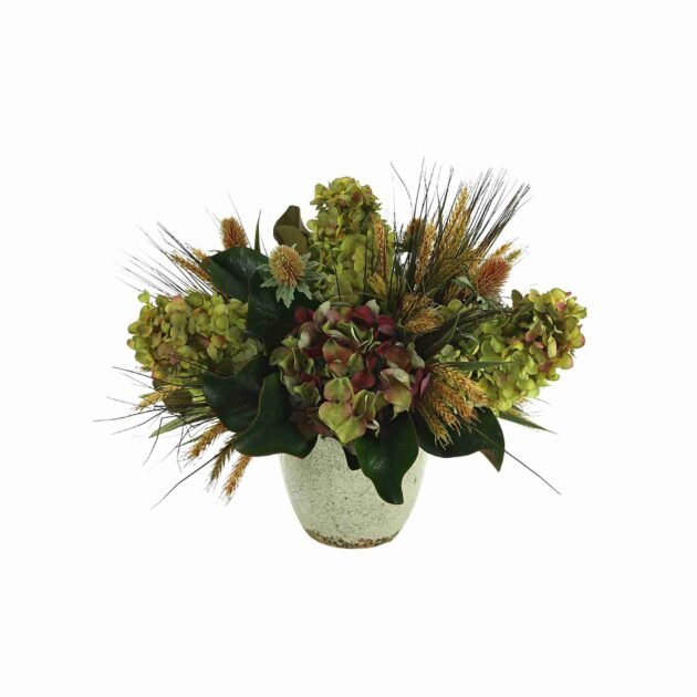 Assorted Hydrangea Arrangement in a Ceramic Vase with Thistle and Wheat