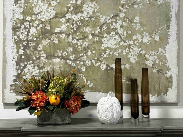 Hydrangea Fall Arrangement in a Ceramic Pot with Thistle, Wheat and Pomegranate - Image 5