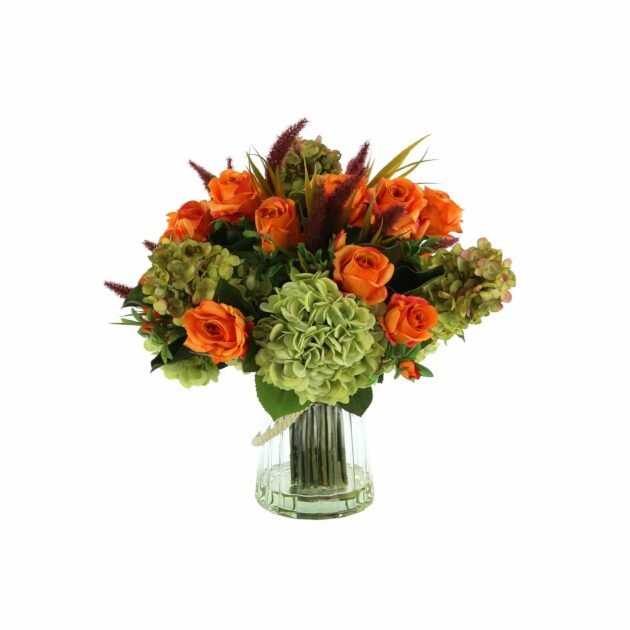 Hydrangea and Rose Fall Arrangement in a Glass Vase