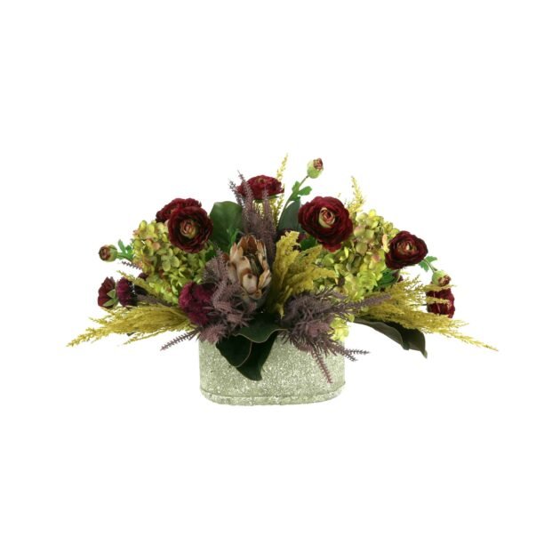 Ranunculus, Hydrangea and Protea Fall Arrangement in a Ceramic Pot