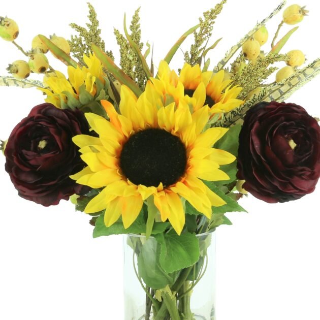 Sunflower and Ranunculus Fall Arrangement in a Glass Vase - Image 3