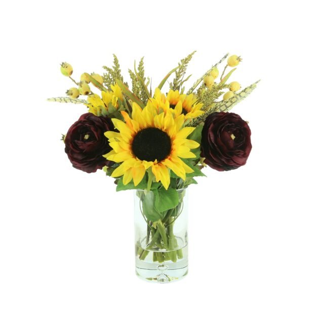 Sunflower and Ranunculus Fall Arrangement in a Glass Vase