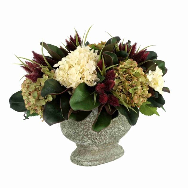 Hydrangea and Thistle Fall Arrangement in a Ceramic Pot - Image 2