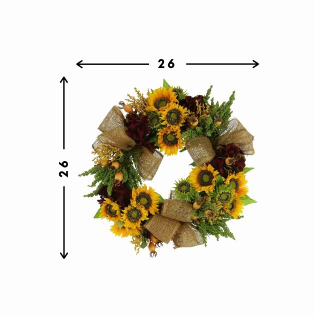 26" Sunflower, Hydrangea and Berry Fall Wreath with Burlap Bows - Image 2
