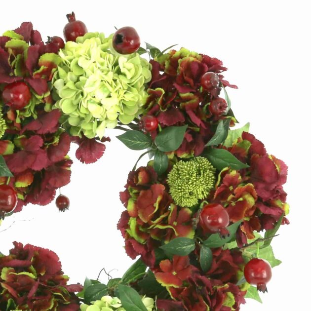 23" Hydrangea, Sedum and Pomegranate Fall Wreath - Image 3