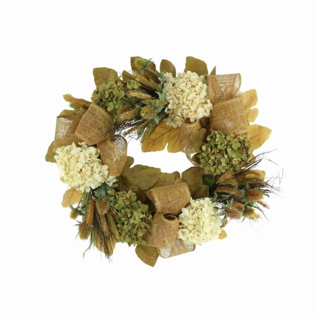 28" Hydrangea, Thistle and Wheat Fall Wreath with Burlap Bows