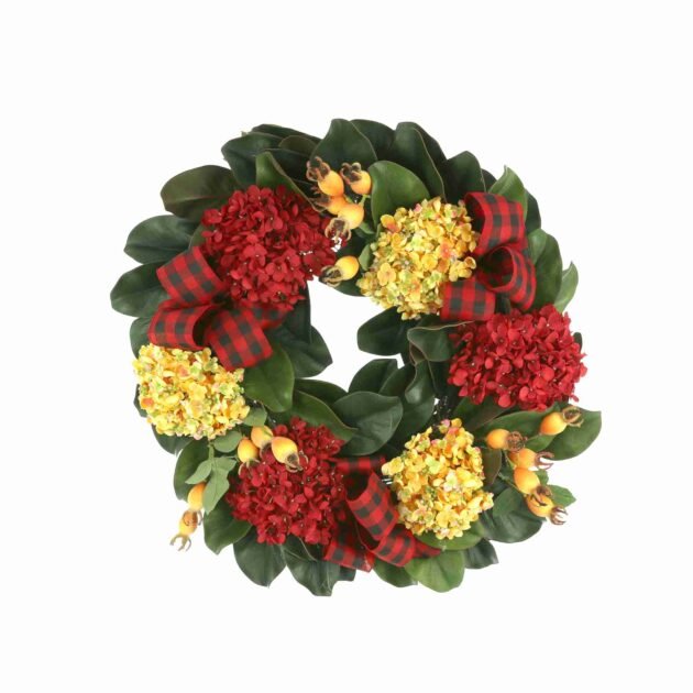 26" Hydrangea and Berry Fall Wreath with Plaid Bows