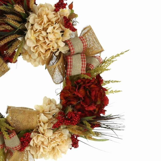 26" Hydrangea and Wheat Fall Wreath with Burlap Bows - Image 3