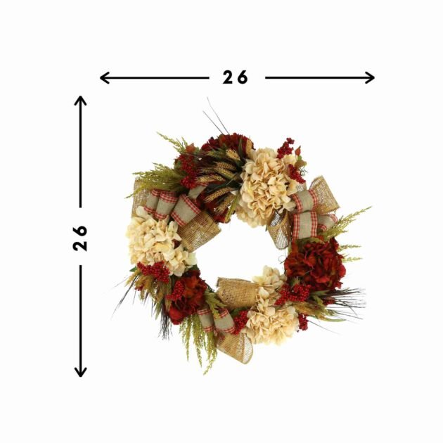 26" Hydrangea and Wheat Fall Wreath with Burlap Bows - Image 2