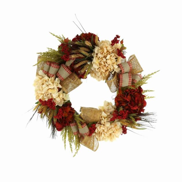 26" Hydrangea and Wheat Fall Wreath with Burlap Bows