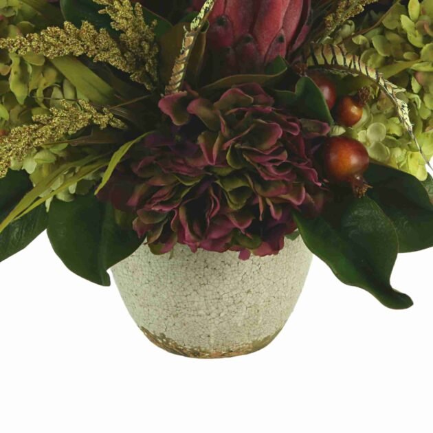 Hydrangea, Ranunculus and Protea Fall Arrangement in a Ceramic Vase - Image 5