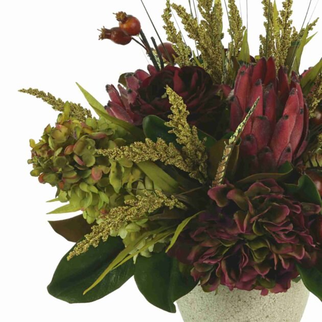 Hydrangea, Ranunculus and Protea Fall Arrangement in a Ceramic Vase - Image 4