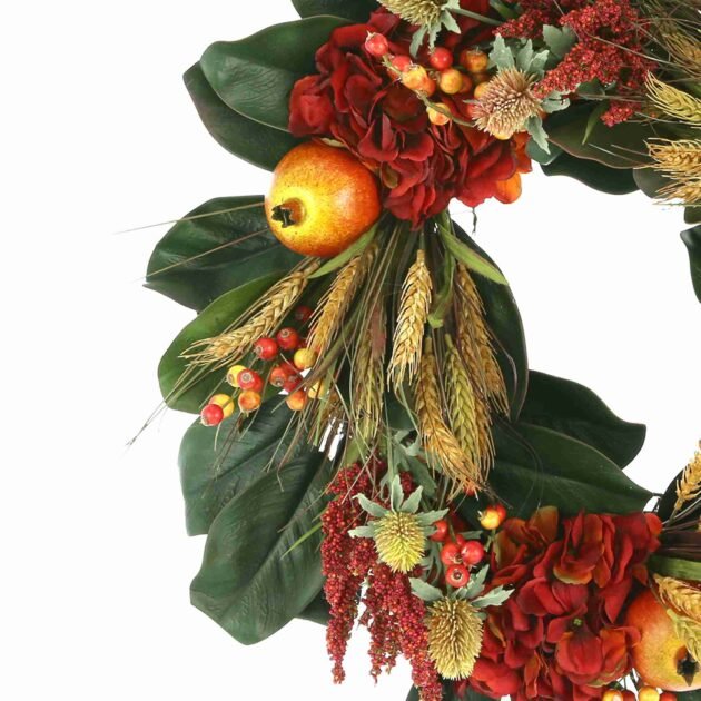 27" Fall Wreath with Hydrangeas, Wheat and Pomegranates - Image 3