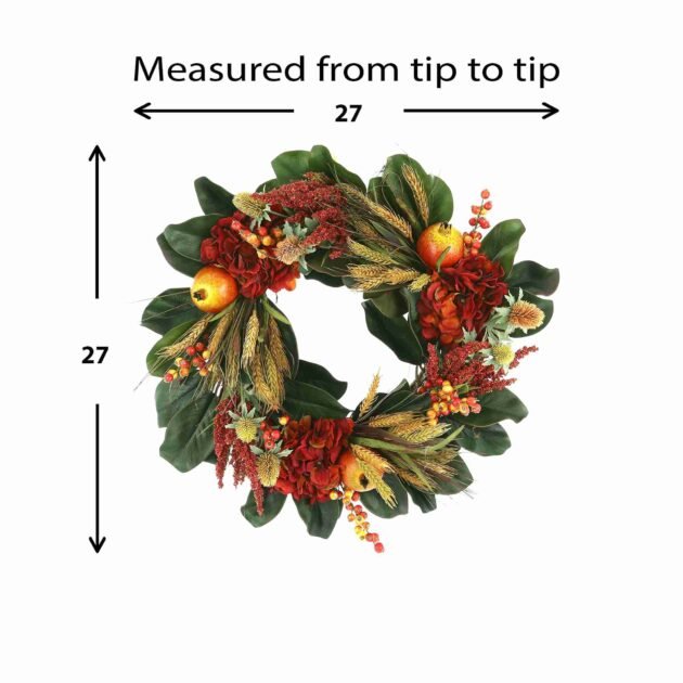 27" Fall Wreath with Hydrangeas, Wheat and Pomegranates - Image 2