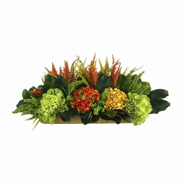 Assorted Hydrangea Fall Arrangement with Magnolia Leaves and Heather