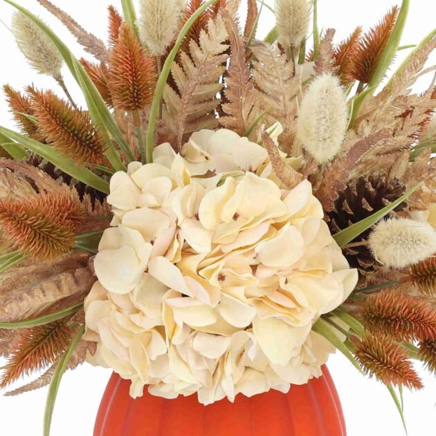 Hydrangea and Pampas Fall Arrangement in Glass Pumpkin - Image 3