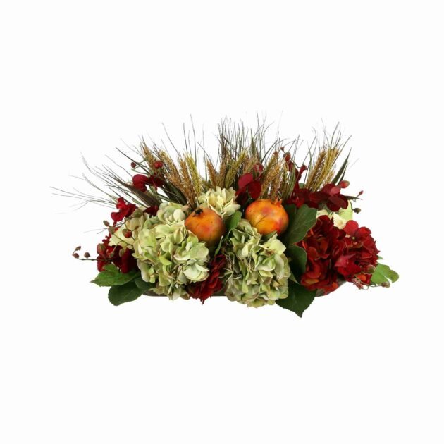 Fall Centerpiece with Hydrangeas, Pomegranates and Wheat