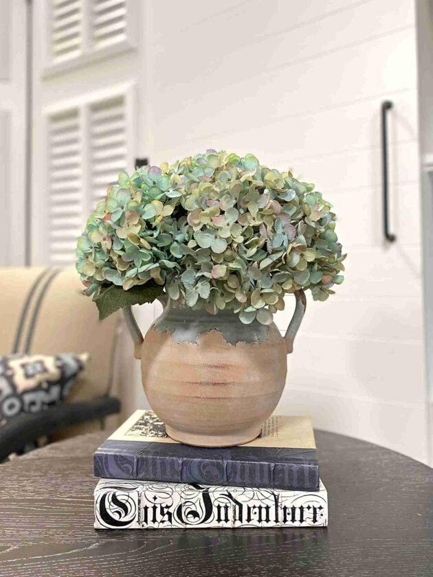 Hydrangea Florals Arranged in a Stoneware Vase with Handles - Image 3