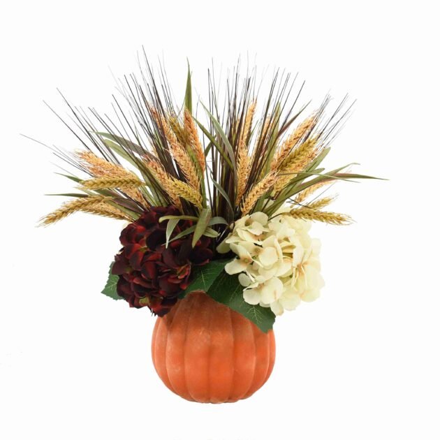 Hydrangea and Wheat Fall Arrangement in a Glass Pumpkin Pot