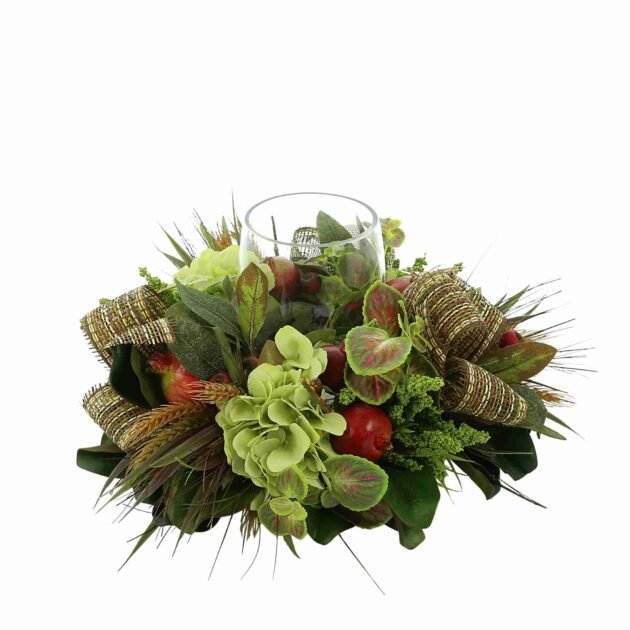 Pomegranate, Mint and Magnolia Leaves Centerpiece with Glass Candleholder