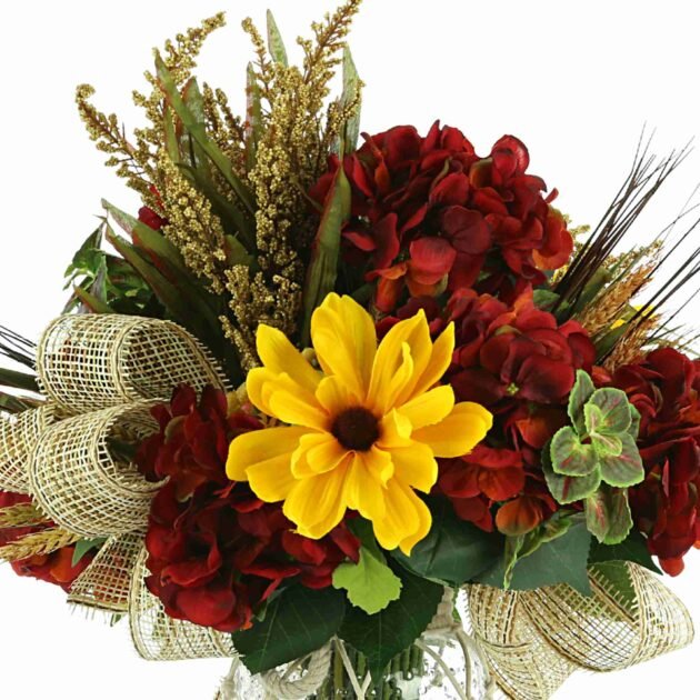 Assorted Hydrangea, Rudbeckia and Heather Arranged in a Vase with Rope - Image 3