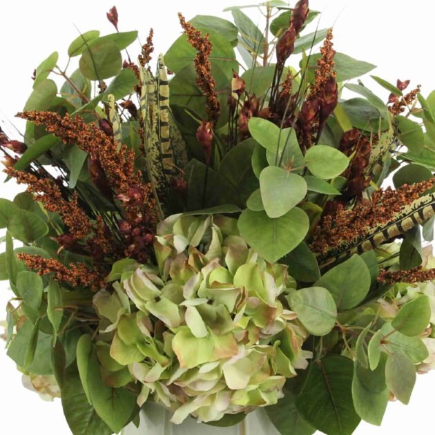 Hydrangea And Heather Centerpiece in a Cream Vase - Image 3