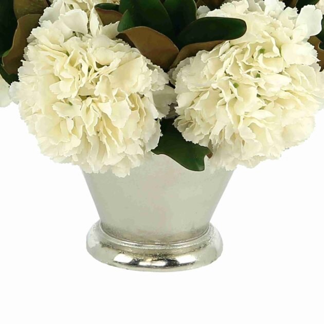 Hydrangea and Magnolia Leaf Arrangement in a Metal Vase - Image 6