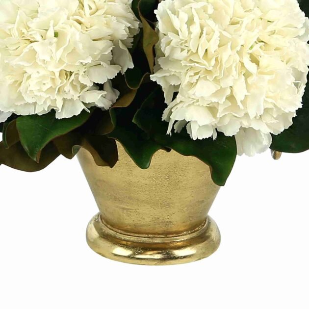 Hydrangea and Magnolia Leaf Arrangement in a Metal Vase - Image 3