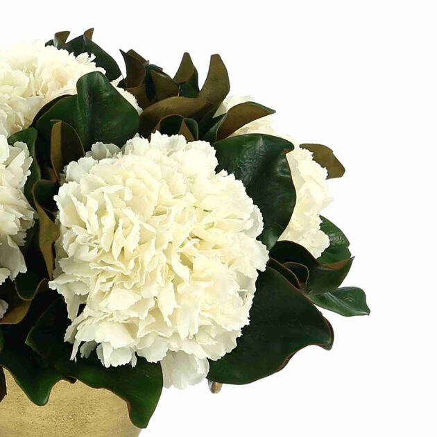 Hydrangea and Magnolia Leaf Arrangement in a Metal Vase - Image 2