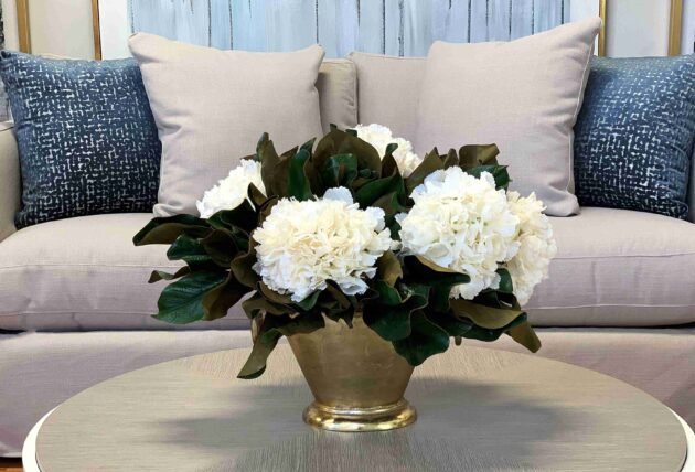 Hydrangea and Magnolia Leaf Arrangement in a Metal Vase - Image 5