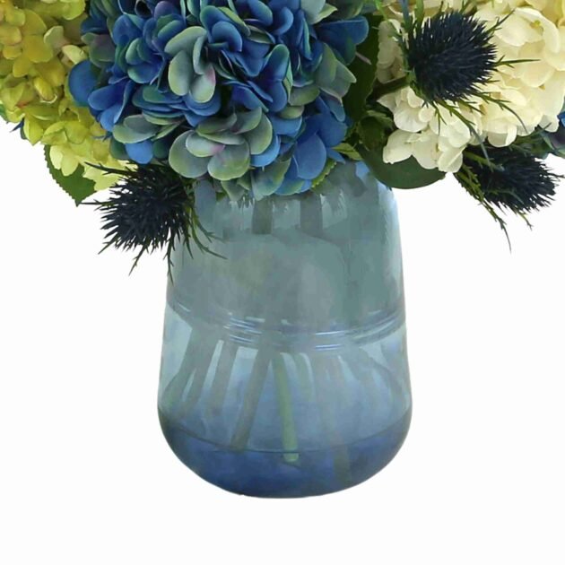 Assorted Hydrangea, Thistle and Fern Floral Arrangement in Colored Glass Vase - Image 5