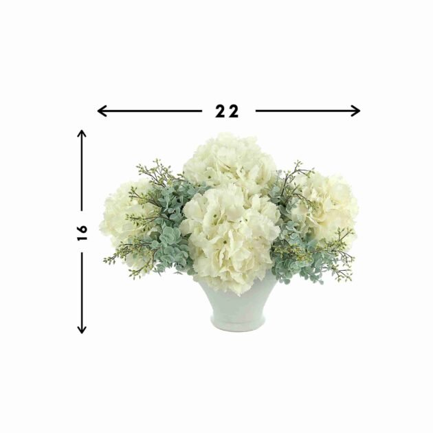 Hydrangea and Seeded Eucalyptus Floral Arrangement in Round Ceramic Vase - Image 5
