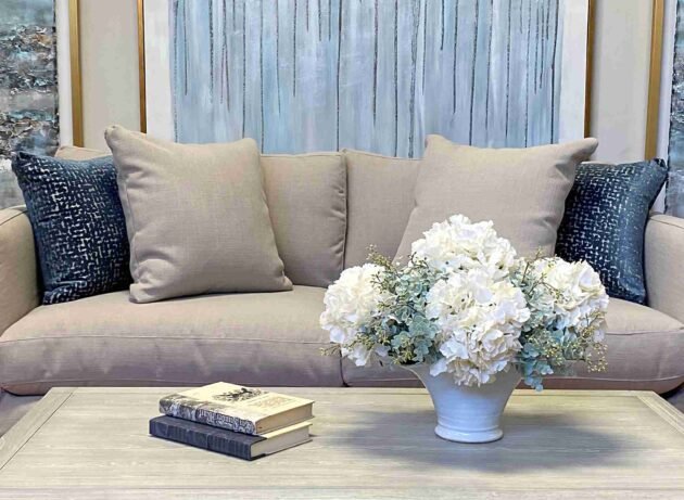 Hydrangea and Seeded Eucalyptus Floral Arrangement in Round Ceramic Vase - Image 2