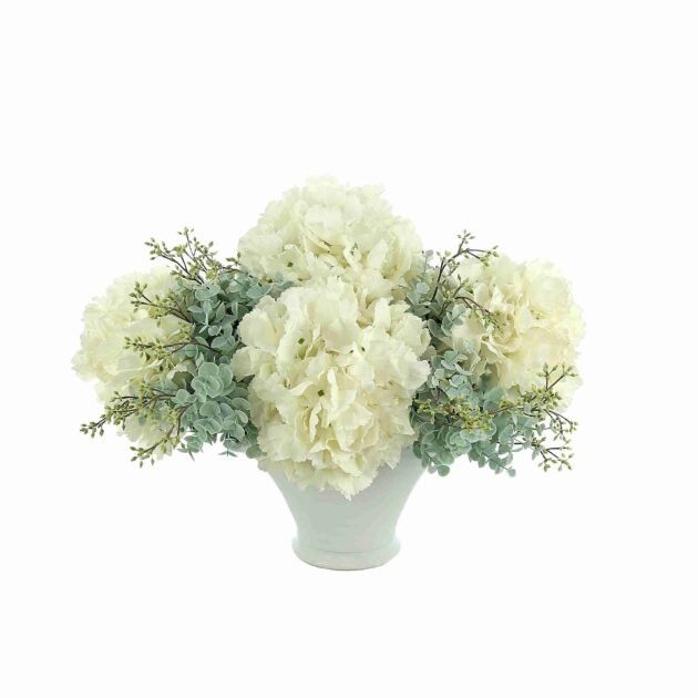 Hydrangea and Seeded Eucalyptus Floral Arrangement in Round Ceramic Vase