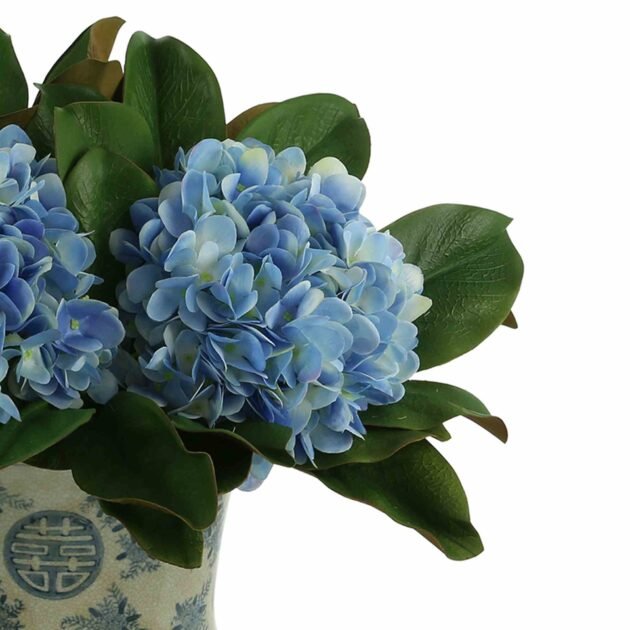 Hydrangea and Magnolia Leaf Arrangement in a Decorative Ceramic Pot - Image 3