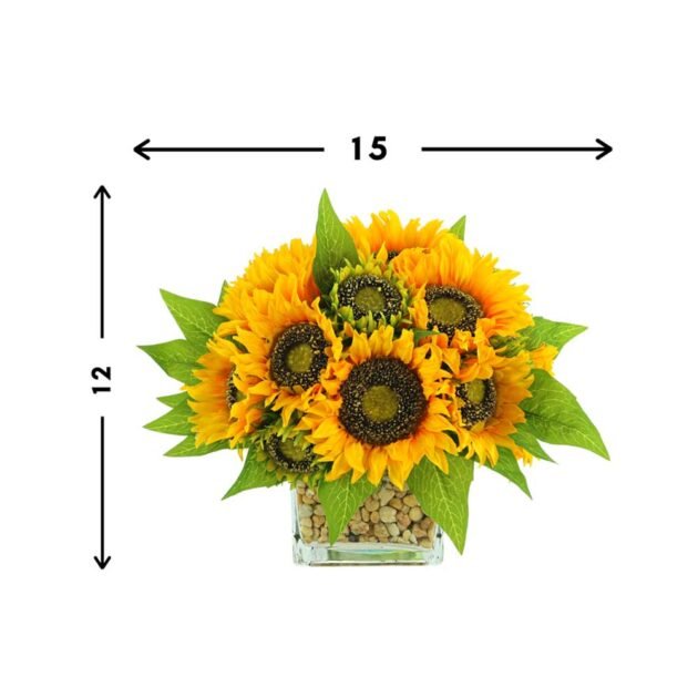 Sunflowers In Square Glass Vase with Stones - Image 2