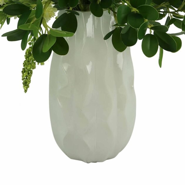Budding Hydrangeas and Boxwoods Arranged in a Ceramic Vase - Image 2