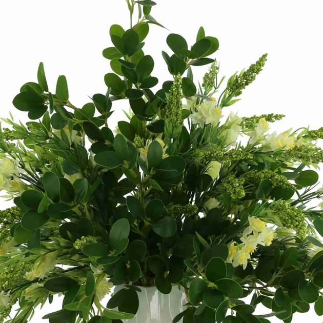 Budding Hydrangeas and Boxwoods Arranged in a Ceramic Vase - Image 3