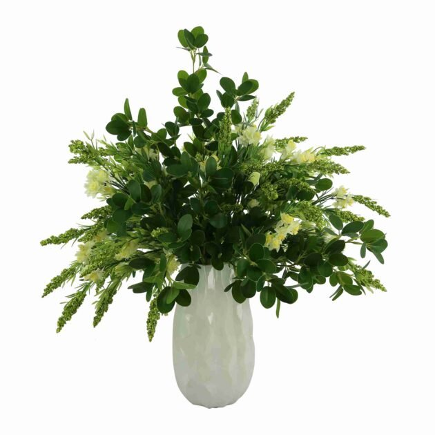 Budding Hydrangeas and Boxwoods Arranged in a Ceramic Vase