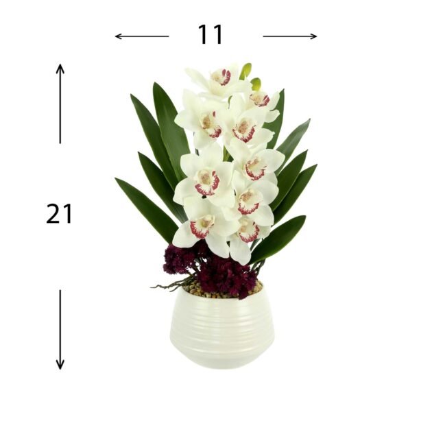 Orchid and Sedum Arrangement with Rocks in a Ceramic Pot - Image 4