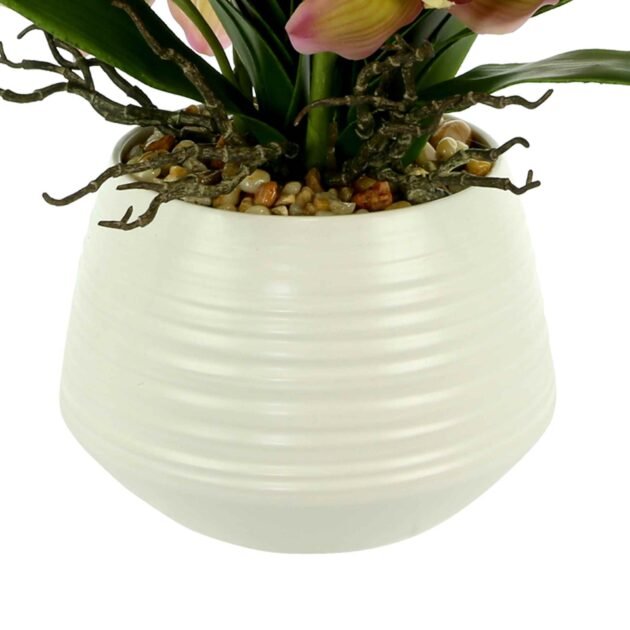 Orchid Arrangement with Rocks in a Ceramic Pot - Image 2