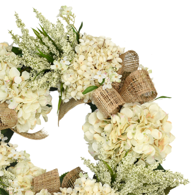 23" Cream Hydrangea and Heather Wreath with Bows - Image 3