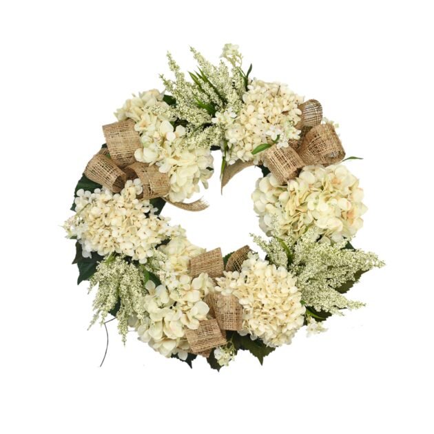 23" Cream Hydrangea and Heather Wreath with Bows
