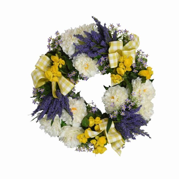 26" Wreath with White Peonies, Yellow Begonias Purple Heather