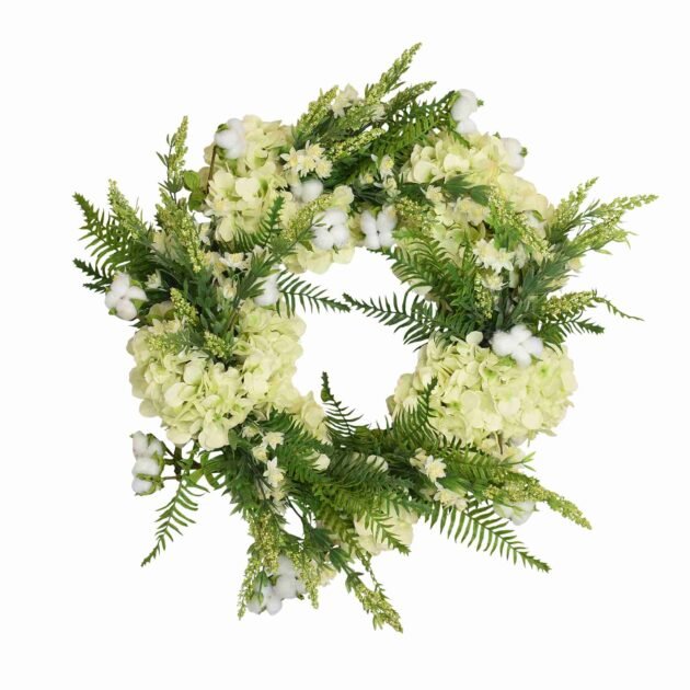 28" Wreath with White and Green Hydrangeas, Wild Heather, Cotton and Ferns