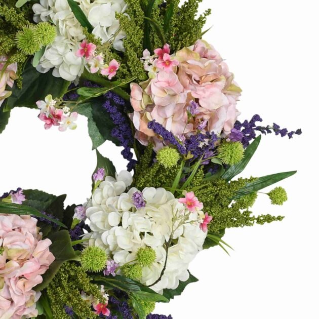 28" Faux Floral Wreath with Pink and White Hydrangeas, Purple Heather and Cherry Blossoms - Image 3